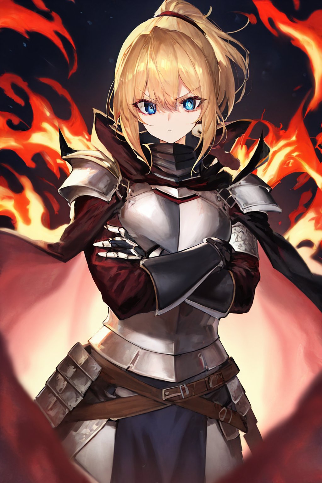 00253-2595803554-, cowboy shot, solo, 1girl, serious, looking at viewer, crossed arms, blonde hair, ponytail, blue eyes, armor, pauldrons, should.jpg